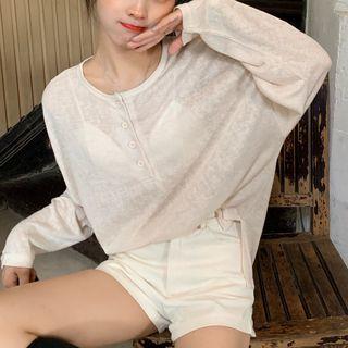 Long-sleeve Sheer Buttoned Placket T-shirt