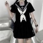 Short-sleeve Sailor Collar Shirt / Mini A-line Pleated Skirt