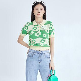 Short-sleeve Polo Neck Flower Print Knit Top Green - One Size