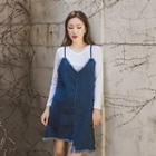 Set: Round-neck T-shirt + Spaghetti-strap Denim Dress