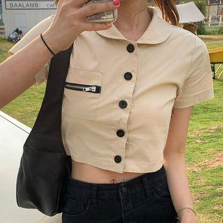 Zip Short-sleeve Shirt Khaki - One Size