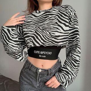 Long-sleeve Zebra Stripe Lettering Crop Top
