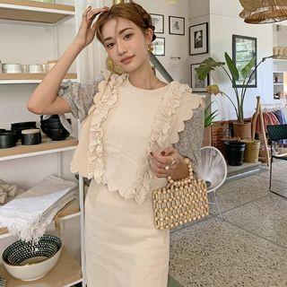 Mock Two-piece Short-sleeve Ruffled Blouse / Scallop Edge Straight-fit Skirt / Set