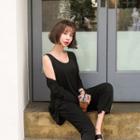 Set Of 3: Ribbed Cardigan + Tank Top + Band-waist Pants