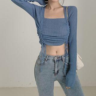 Drawstring Ruched Square-neck Knit Top