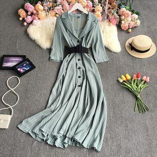 3/4-sleeve Notch Lapel Striped Maxi A-line Dress