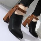 Faux Leather Panel Ankle Strap Block Heel Pointed Ankle Boots