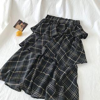 Color-block Plaid High-waist Ruffled-trim Midi Skirt Black - One Size