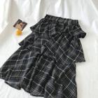 Color-block Plaid High-waist Ruffled-trim Midi Skirt Black - One Size