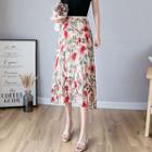 High-waist Floral Printed Pleated Chiffon Midi Skirt