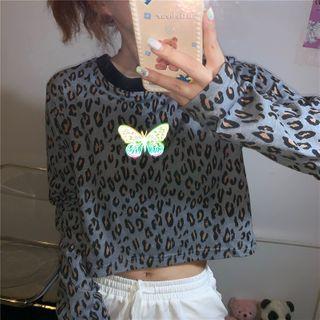 Butterfly Print Leopard Print Long-sleeve T-shirt