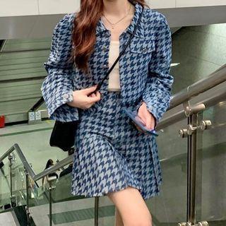 Houndstooth Button-up Denim Jacket / Mini Pleated Skirt