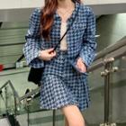 Houndstooth Button-up Denim Jacket / Mini Pleated Skirt