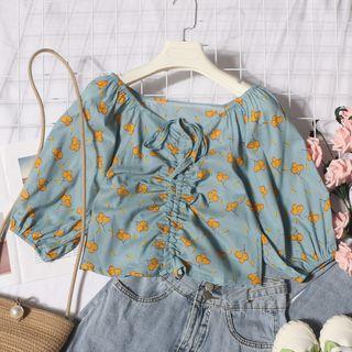 Off-shoulder Floral Print Drawstring Top