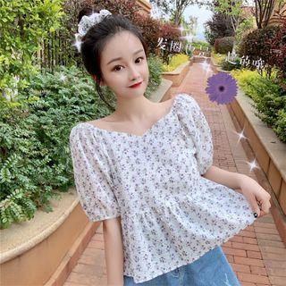 Set: Floral Print Puff-sleeve Peplum Blouse + Floral Prinr Scrunchie