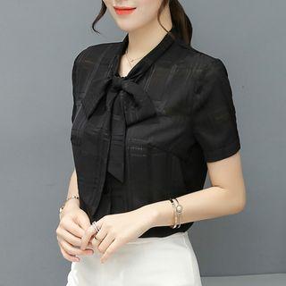 Tie-neck Short-sleeve Plaid Chiffon Blouse
