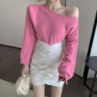 Long-sleeve V-neck Plain Sweater / High-waist Plain Faux Leather Skirt