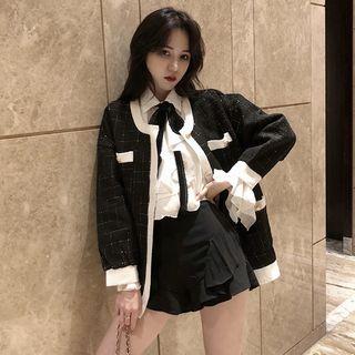 Ruffle Trim Blouse / Plaid Tweed Jacket / High Waist Shorts