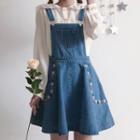 Floral Embroidered A-line Denim Pinafore Dress