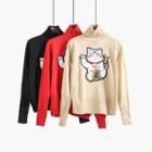 Lucky Cat-embroidered Turtleneck Knit Sweater
