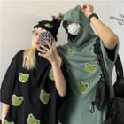 Short-sleeve Cartoon Frog Applique Hooded T-shirt