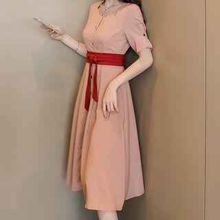 Bow Accent Square-neck Short-sleeve Midi A-line Dress