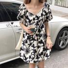 Printed Puff-sleeve V-neck Mini A-line Dress As Shown In Figure - One Size