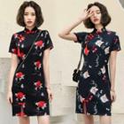 Short-sleeve Print Tasseled Mini Sheath Qipao Dress