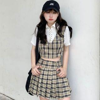 Short-sleeve Mock Two-piece Plaid Panel Shirt / Plaid Pleated A-line Mini Skirt
