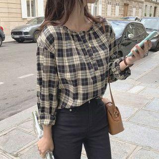 Long-sleeve Round Neck Plaid Button Loose Fit Blouse