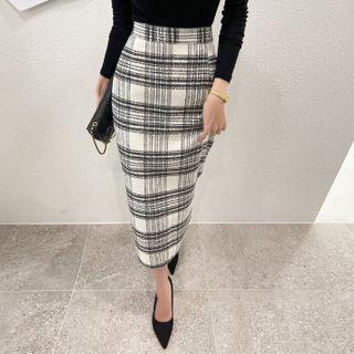 Slit-back Plaid Long H-line Skirt