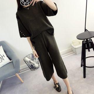 Set: Color Block Knit Pullover + Wide Leg Pants