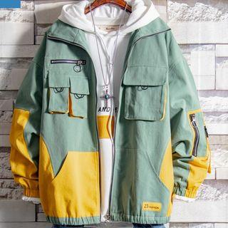 Drawstring Hem Color Block Zip Jacket