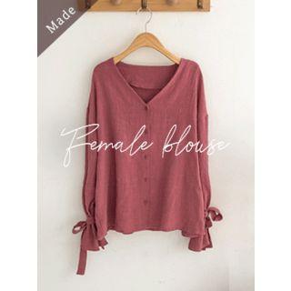 Collarless Tie-sleeve Textured Blouse