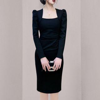 Square Neck Plain Midi Bodycon Dress