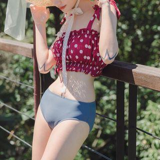 Set: Sleeveless Dotted Swim Top + Plain Swim Shorts + Plain Swim Bottom