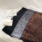 Plain High-waist Frilled Velvet Pleated Skirt