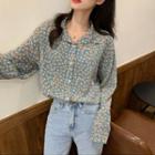Floral Print Buttoned Chiffon Blouse Daisy - Blue - One Size