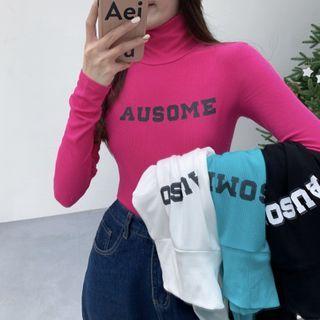 Turtleneck Lettering Cropped T-shirt