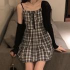Plaid A-line Suspender Skirt /black Knit Bolero Jacket