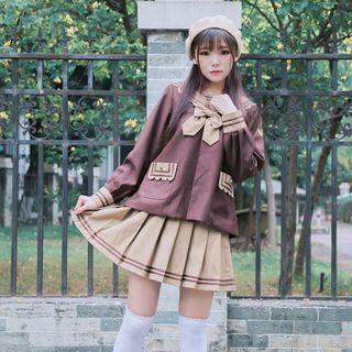 Set: Sailor Collar Long Sleeve Top + Pleated Skirt