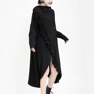 Irregular Hem Ruffle Trim Long-sleeve Midi T-shirt Dress Black - One Size