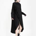 Irregular Hem Ruffle Trim Long-sleeve Midi T-shirt Dress Black - One Size