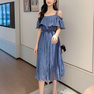 Cold-shoulder Midi Chiffon Pleated Dress