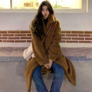 Faux Fur Plain Coat Khaki - One Size