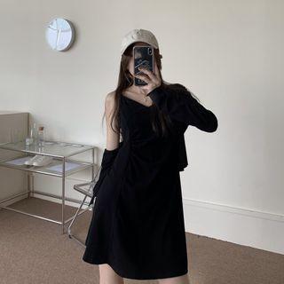 Plain Knit Cardigan + Plain Overall Mini Dress