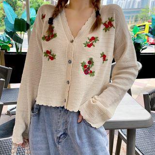 Flower Embroidered Cardigan Almond - One Size