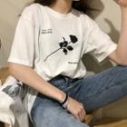 Elbow-sleeve Rose Print T-shirt White - One Size