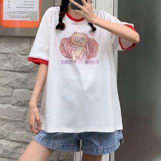 Short Sleeve Contrast Trim Lion Printed T-shirt
