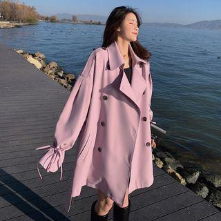 Drop Shoulder Notch Lapel Tie-waist Trench Jacket